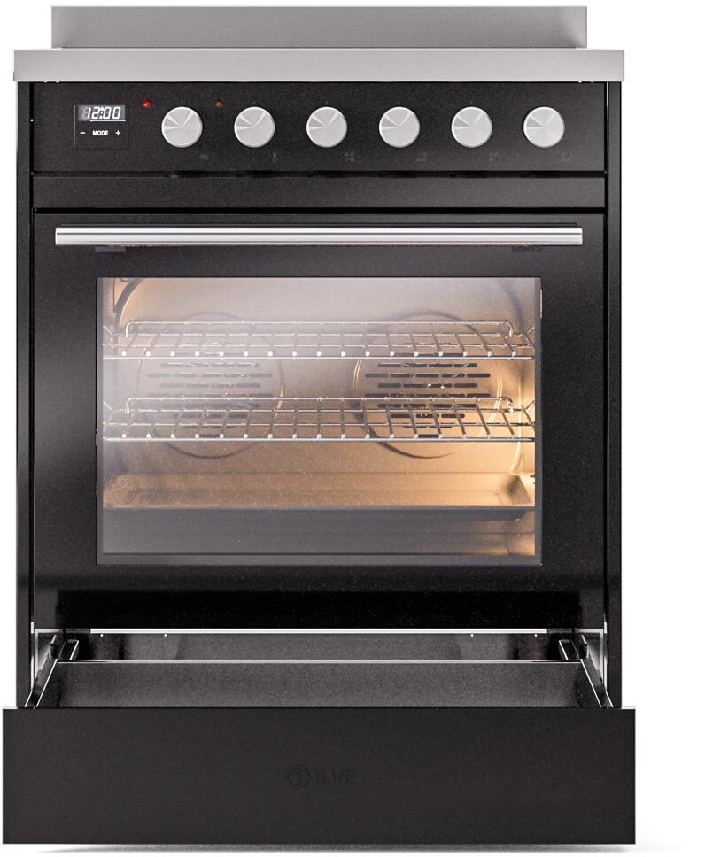 Ilve UPI304WMPBK Professional Plus Ii 30 Inch Electric Freestanding Range In Glossy Black With Trim