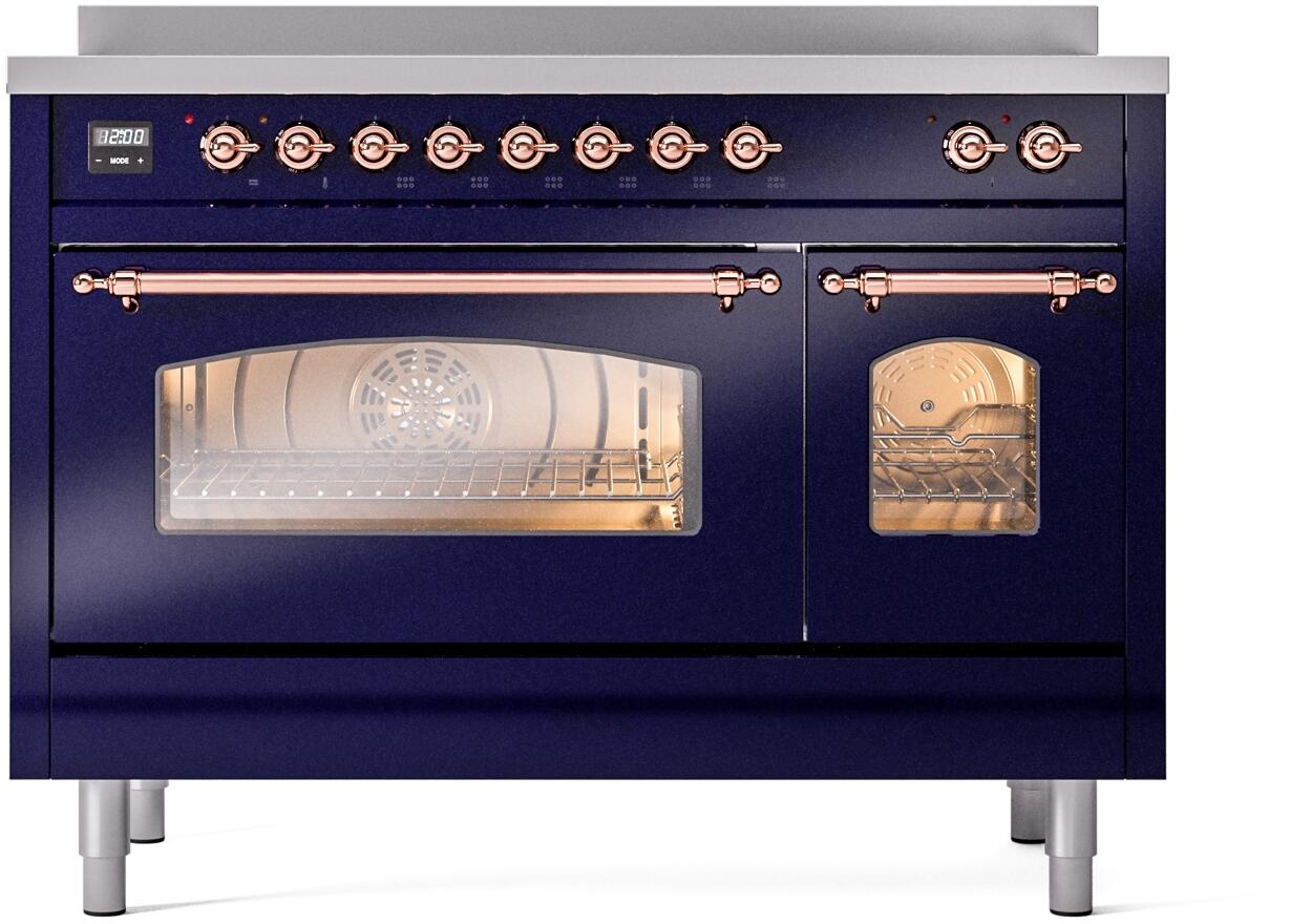 Ilve UPI486NMPMBP Nostalgie Ii 48 Inch Electric Freestanding Range In Blue With Copper Trim