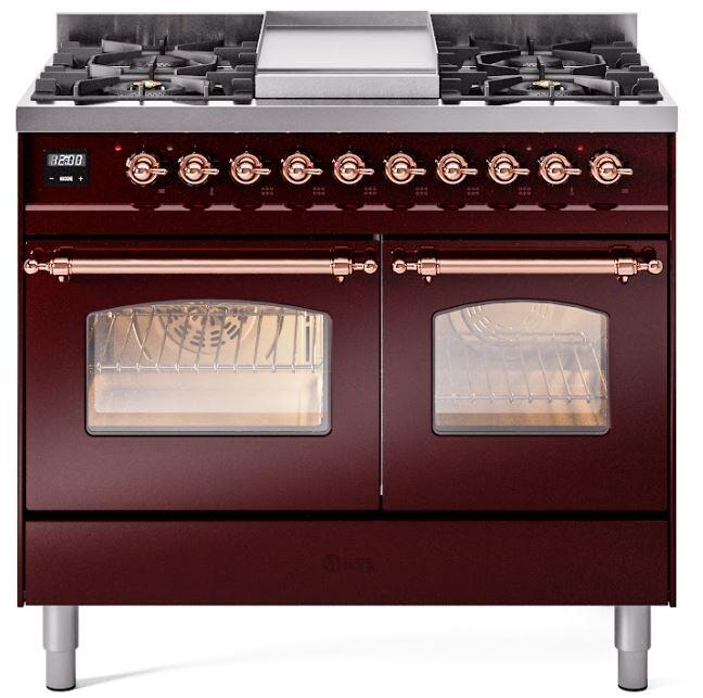 Ilve UPD40FNMPBUPLP Nostalgie Ii 40 Inch Dual Fuel Liquid Propane Freestanding Range In Burgundy With Copper Trim