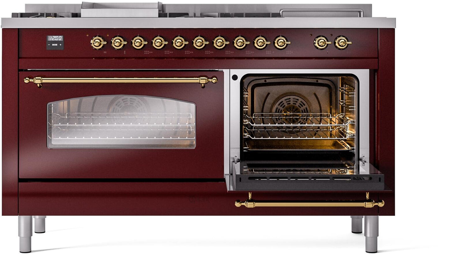 Ilve UP60FSNMPBUG Nostalgie Ii 60 Inch Dual Fuel Natural Gas Freestanding Range In Burgundy With Brass Trim