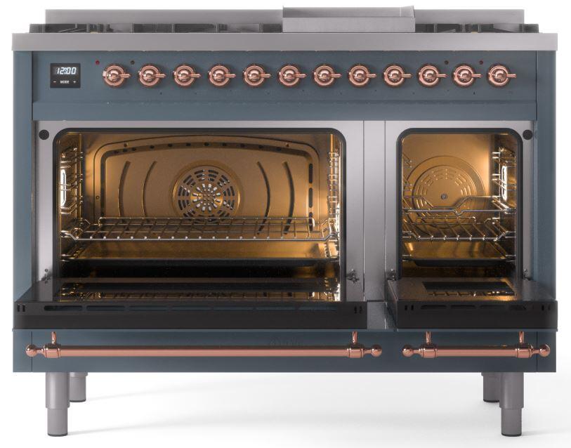 Ilve UP48FNMPBGP Nostalgie Ii 48 Inch Dual Fuel Natural Gas Freestanding Range In Blue Grey With Copper Trim