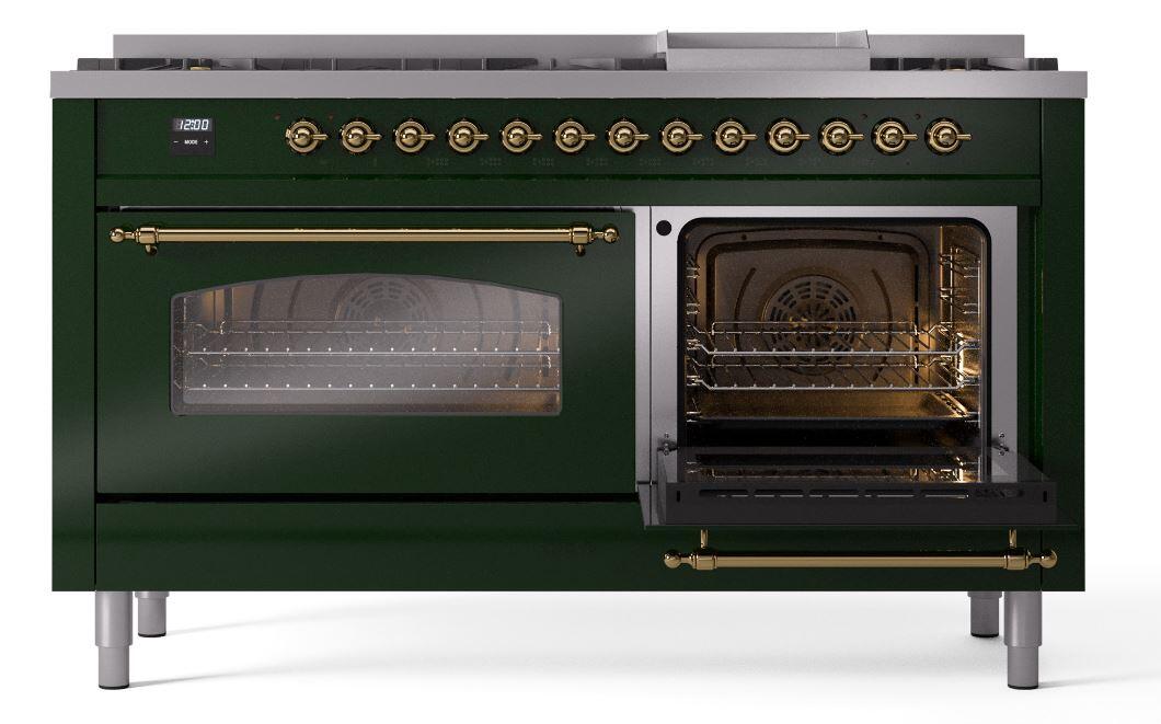 Ilve UP60FNMPEGG Nostalgie Ii 60 Inch Dual Fuel Natural Gas Freestanding Range In Emerald Green With Brass Trim