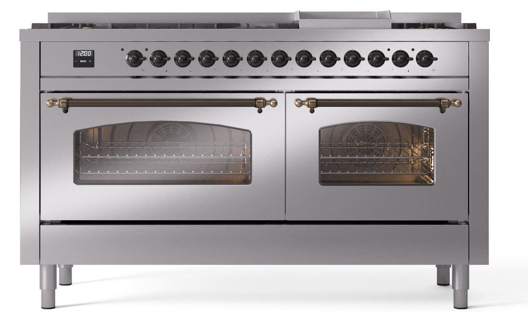 Ilve UP60FNMPSSB Nostalgie Ii 60 Inch Dual Fuel Natural Gas Freestanding Range In Stainless Steel With Bronze Trim