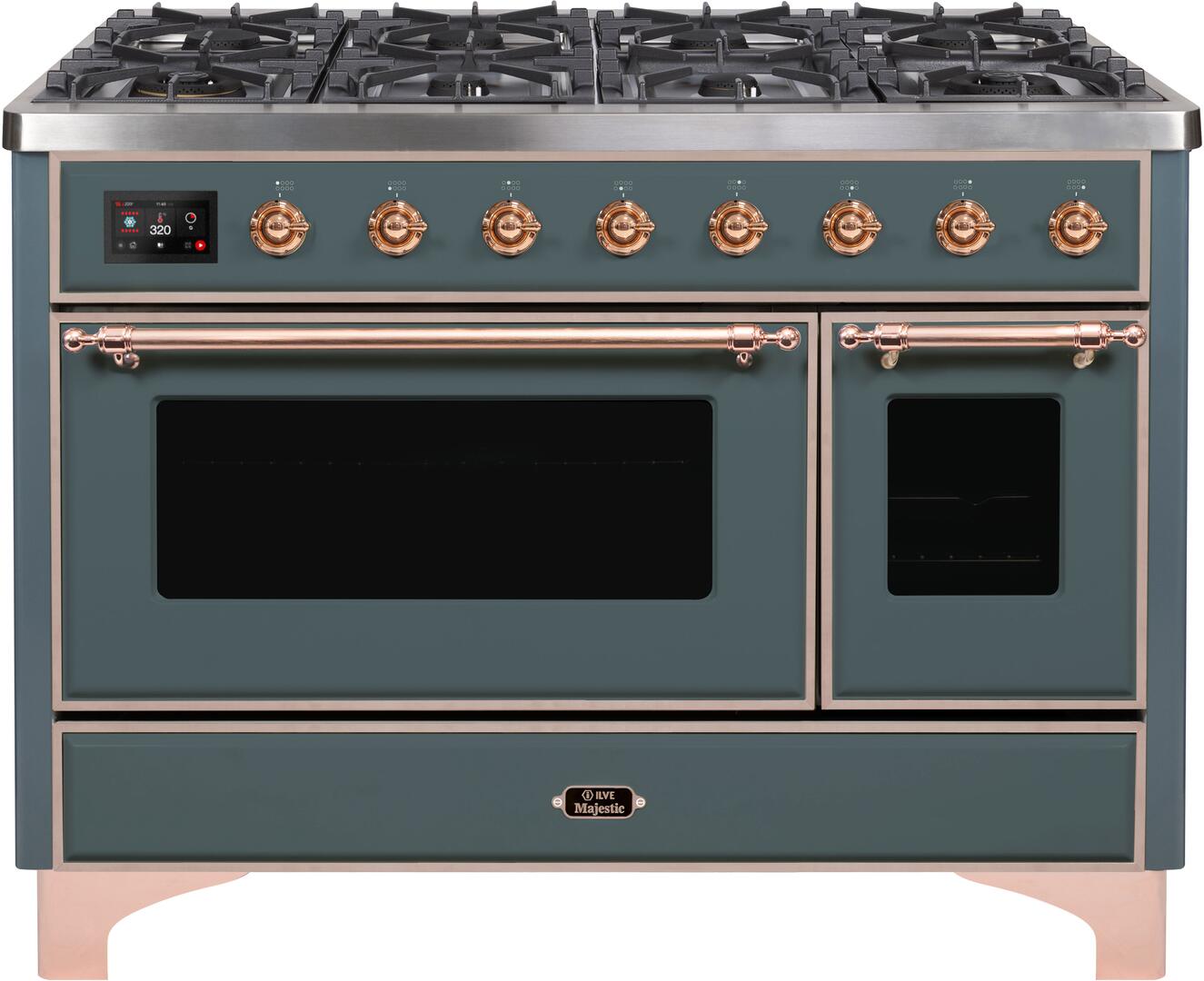 Ilve UM12FDNS3BGPLP Majestic Ii 48 Inch Dual Fuel Liquid Propane Freestanding Range In Blue Grey With Copper Trim