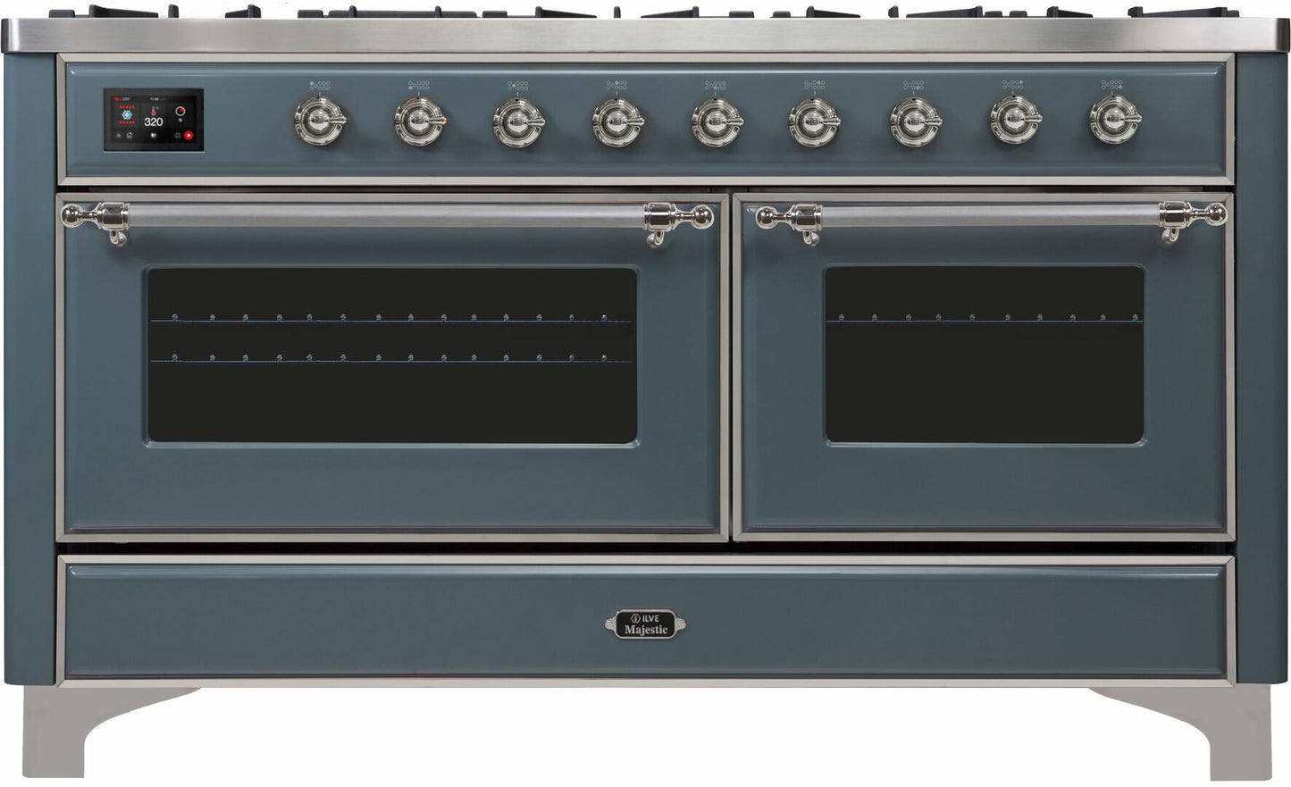 Ilve UM15FDNS3BGC Majestic Ii 60 Inch Dual Fuel Natural Gas Freestanding Range In Blue Grey With Chrome Trim