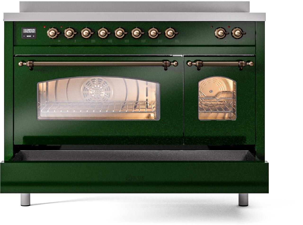 Ilve UPI486NMPEGB Nostalgie Ii 48 Inch Electric Freestanding Range In Emerald Green With Bronze Trim