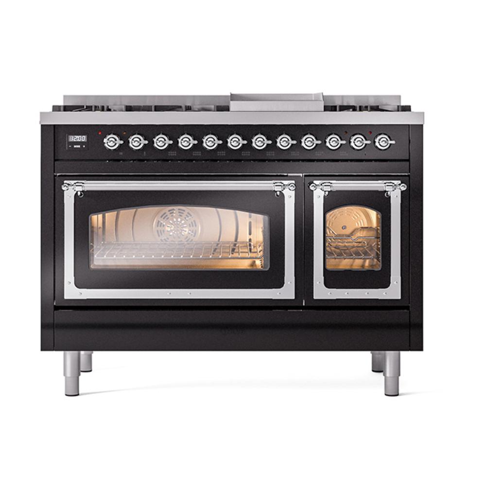 Ilve UN48FNMPBKCLP Ilve Un48Fnmpbkclp Nostalgie Ii Noblesse 48" Dual Fuel Range (8 Sealed Burners + Griddle, Liquid Propane, Triple Glass Door, Glossy Black, Chrome)