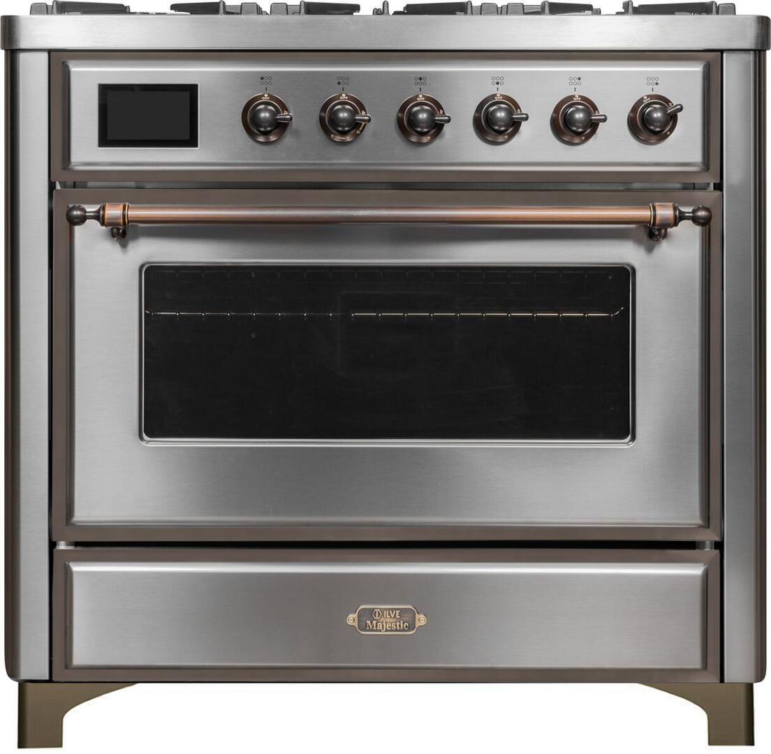 Ilve UM09FDNS3SSBLP Majestic Ii 36 Inch Dual Fuel Liquid Propane Freestanding Range In Stainless Steel With Bronze Trim