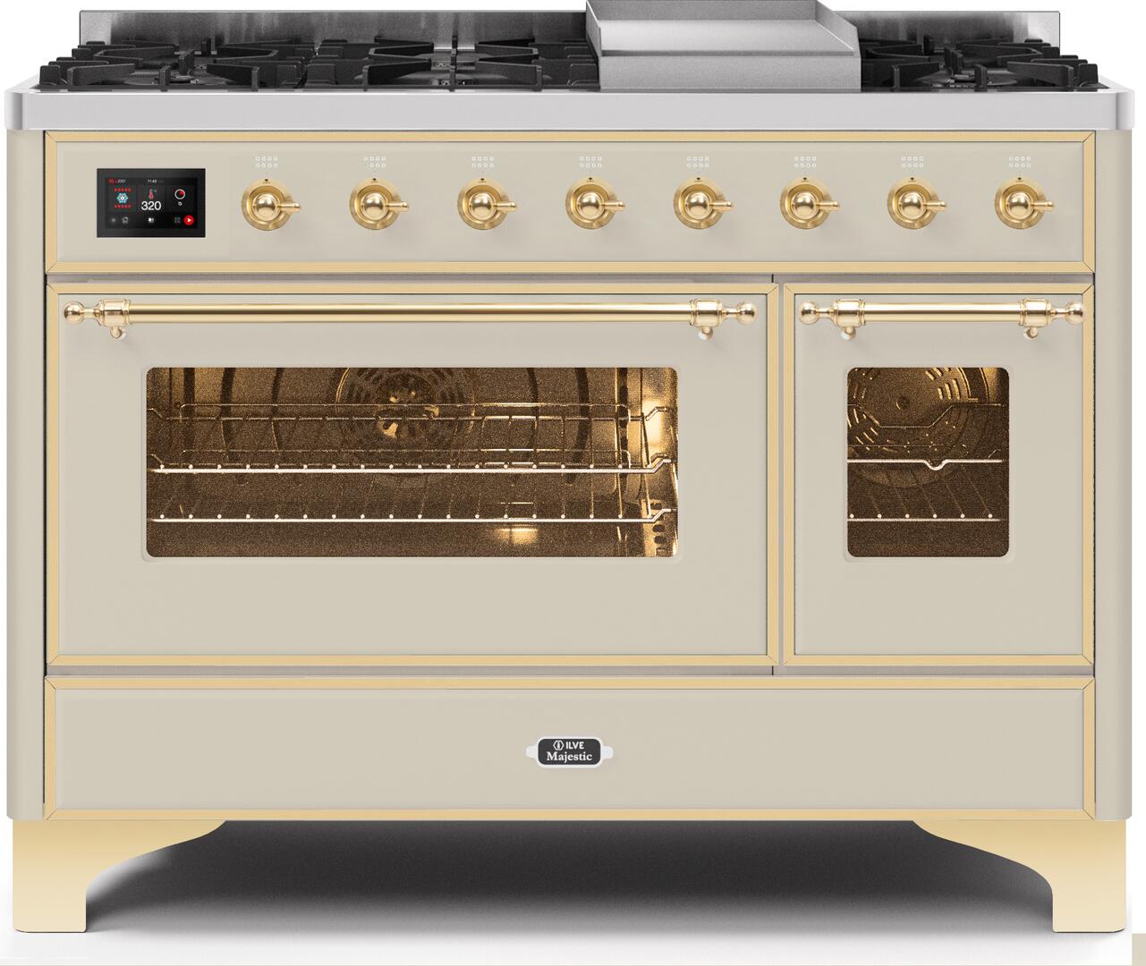 Ilve UM12FDNS3AWGLP Majestic Ii 48 Inch Dual Fuel Liquid Propane Freestanding Range In Antique White With Brass Trim