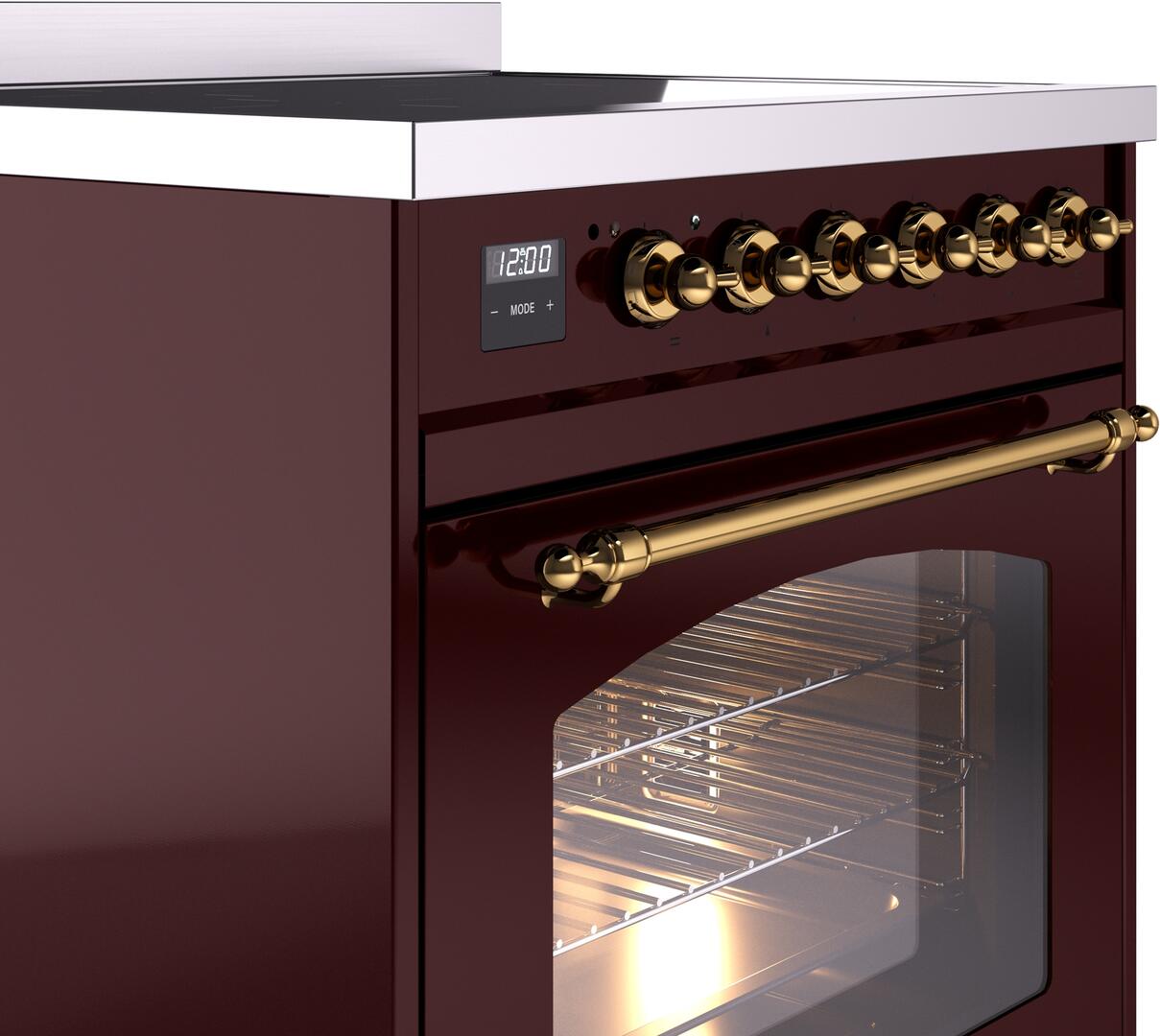 Ilve UPI304NMPBUG Nostalgie Ii 30 Inch Electric Freestanding Range In Burgundy With Brass Trim