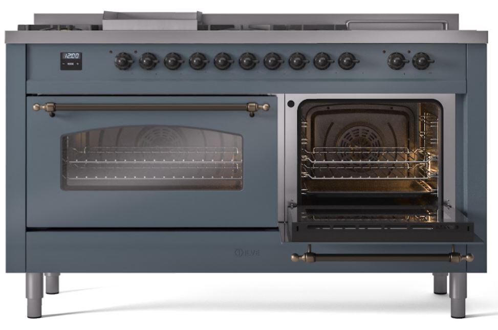 Ilve UP60FSNMPBGB Nostalgie Ii 60 Inch Dual Fuel Natural Gas Freestanding Range In Blue Grey With Bronze Trim