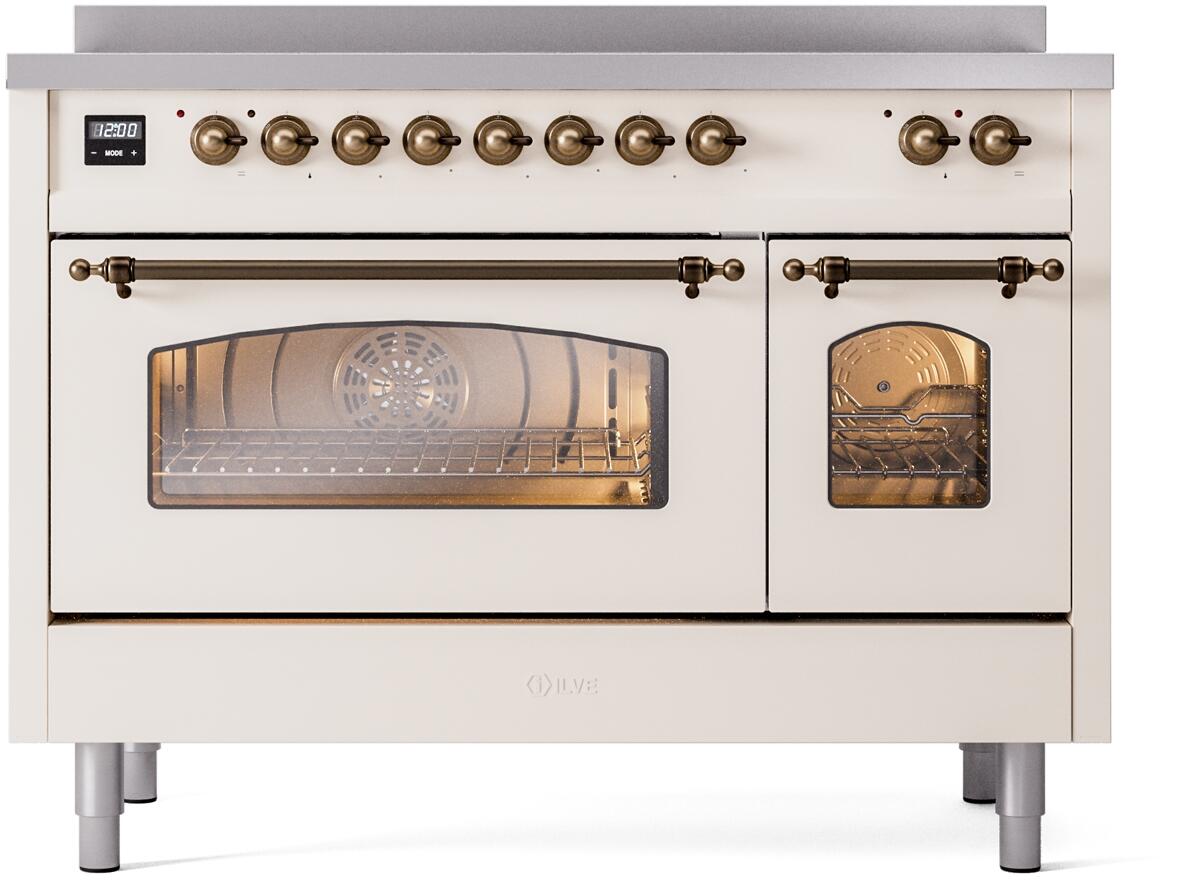 Ilve UPI486NMPAWB Nostalgie Ii 48 Inch Electric Freestanding Range In Antique White With Bronze Trim