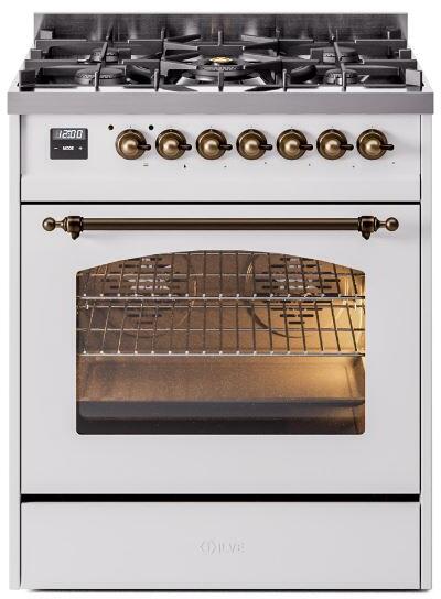 Ilve UP30NMPWHB Nostalgie Ii 30 Inch Dual Fuel Natural Gas Freestanding Range In White With Bronze Trim