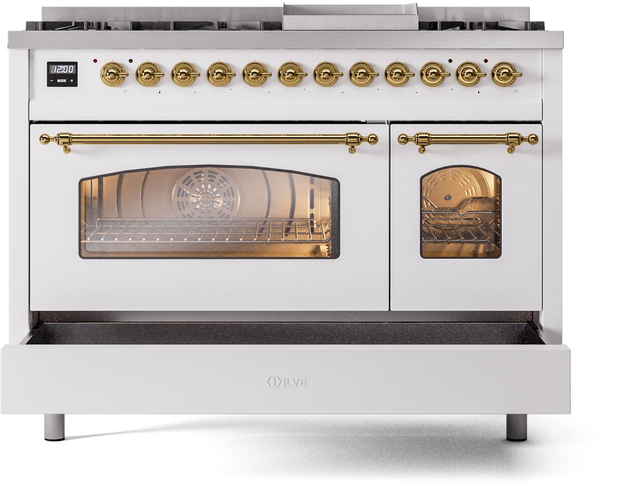 Ilve UP48FNMPWHGLP Nostalgie Ii 48 Inch Dual Fuel Liquid Propane Freestanding Range In White With Brass Trim