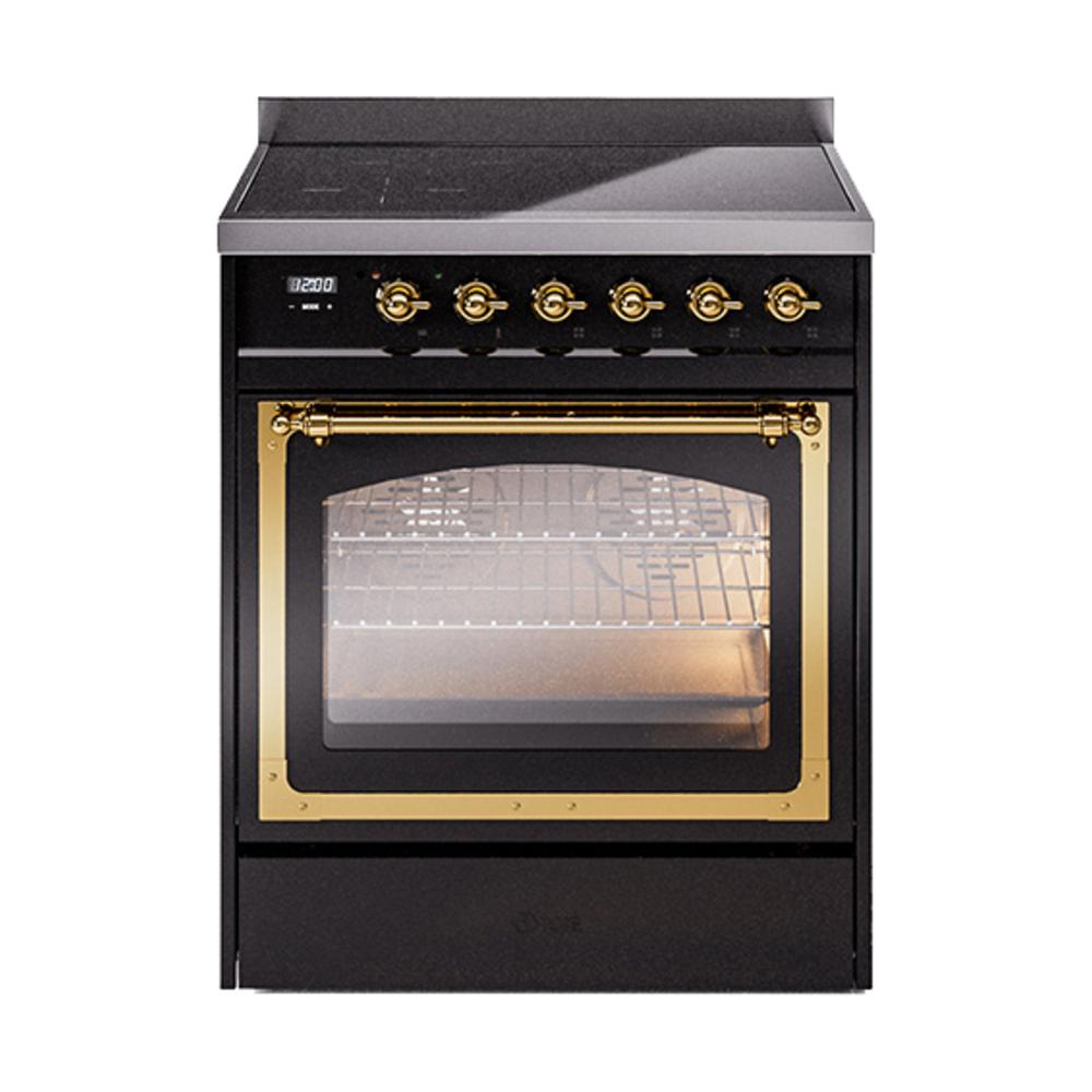 Ilve UNI304NMPBKG Ilve Uni304Nmpbkg Nostalgie Ii Noblesse 30" Induction Range (Triple Glass Door, Glossy Black, Brass)