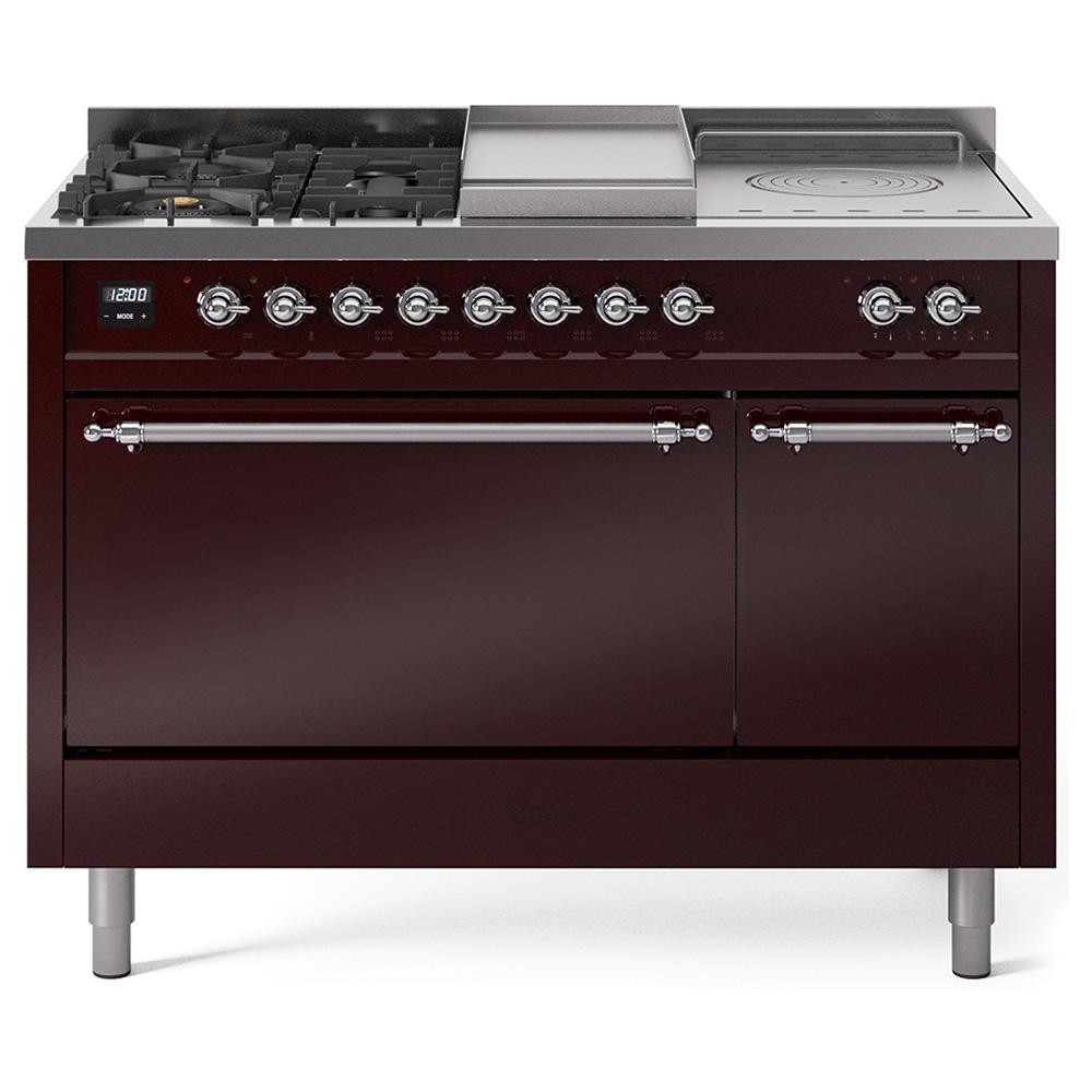 Ilve UP48FSQNMPBUC Ilve Nostalgie Ii 48 Up48Fsqnmpbuc Freestanding Dual Fuel Range With 5 Sealed Burners And French Top Double Oven With Solid Door In Burgundy With Chrome Knobs