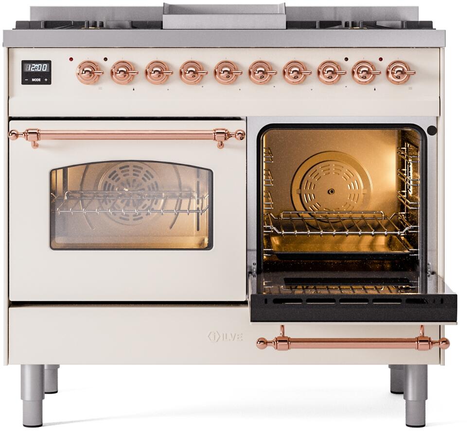 Ilve UPD40FNMPAWP Nostalgie Ii 40 Inch Dual Fuel Natural Gas Freestanding Range In Antique White With Copper Trim