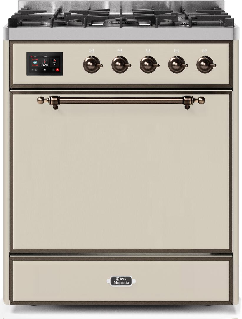 Ilve UM30DQNE3AWBLP Majestic Ii 30 Inch Dual Fuel Liquid Propane Freestanding Range In Antique White With Bronze Trim