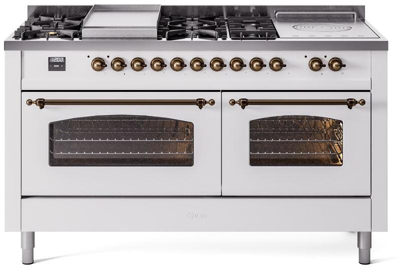 Ilve UP60FSNMPWHBLP Nostalgie Ii 60 Inch Dual Fuel Liquid Propane Freestanding Range In White With Bronze Trim