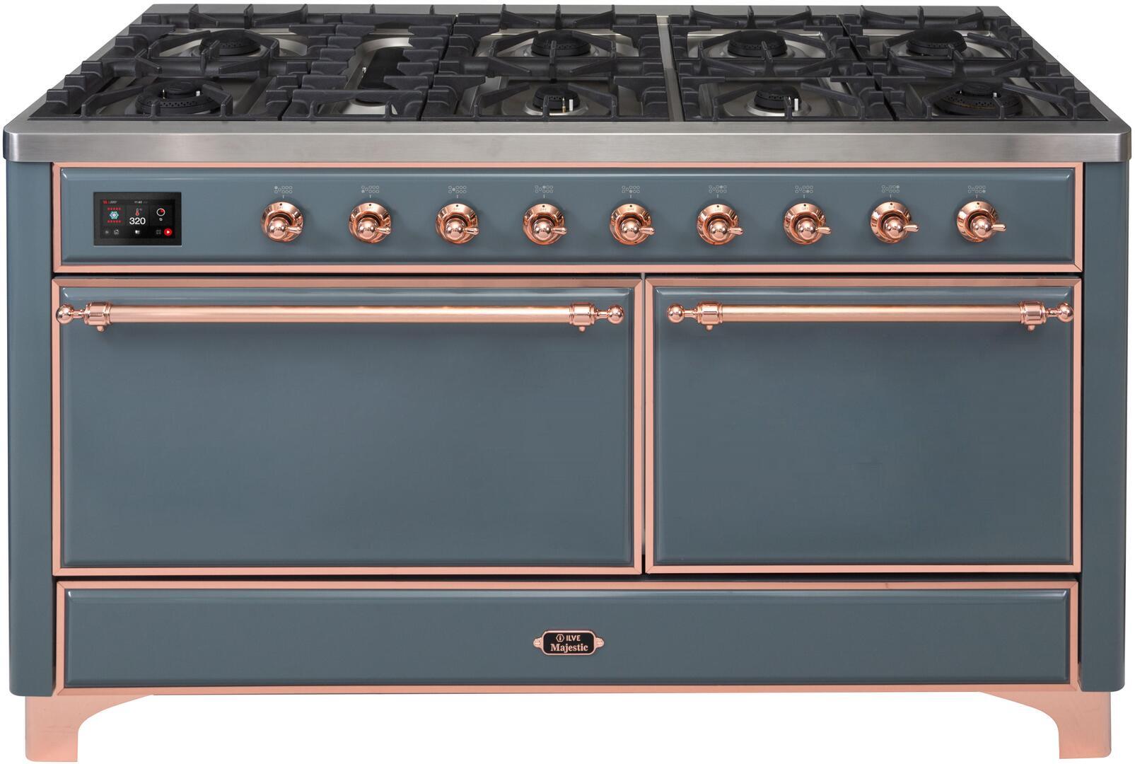 Ilve UM15FDQNS3BGP Majestic Ii 60 Inch Dual Fuel Natural Gas Freestanding Range In Blue Grey With Copper Trim