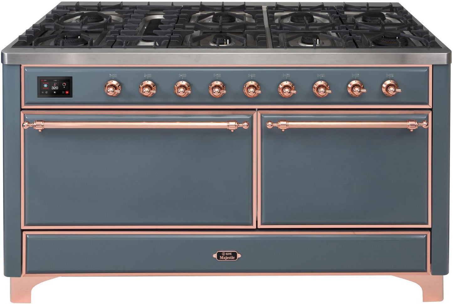 Ilve UM15FDQNS3BGP Majestic Ii 60 Inch Dual Fuel Natural Gas Freestanding Range In Blue Grey With Copper Trim