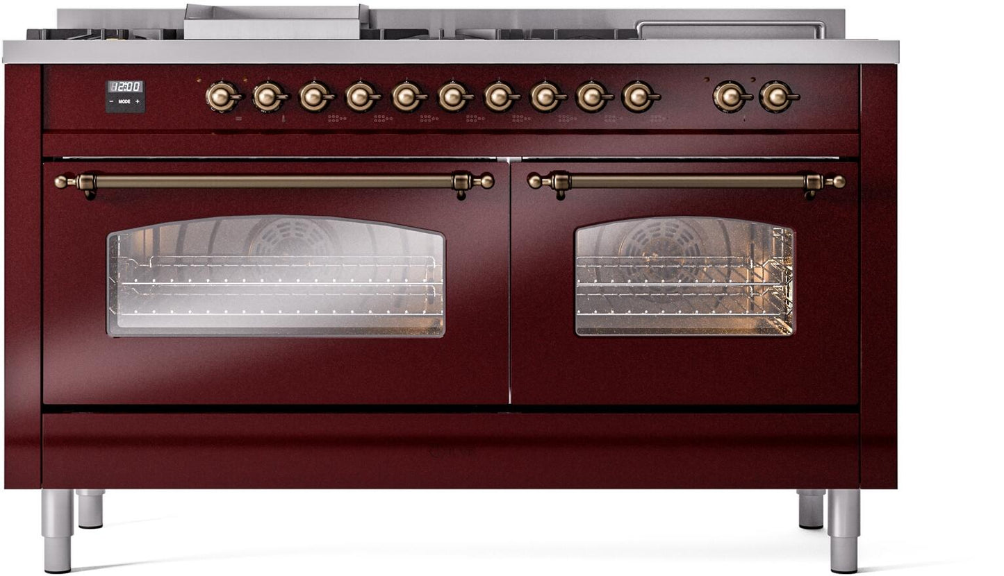 Ilve UP60FSNMPBUB Nostalgie Ii 60 Inch Dual Fuel Natural Gas Freestanding Range In Burgundy With Bronze Trim