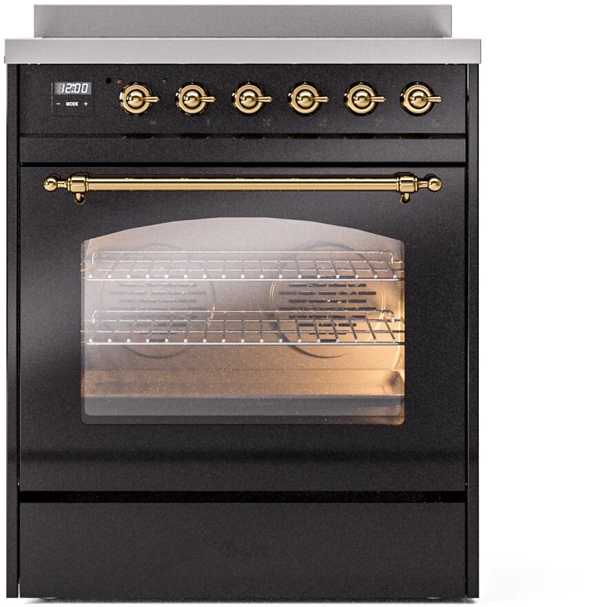 Ilve UPI304NMPBKG Nostalgie Ii 30 Inch Electric Freestanding Range In Glossy Black With Brass Trim