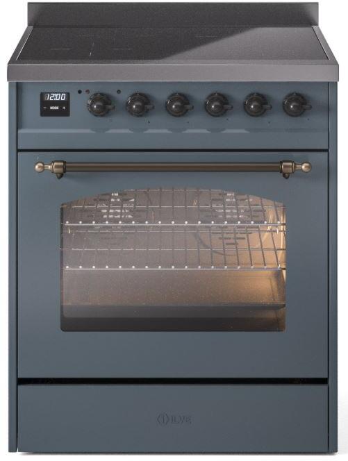 Ilve UPI304NMPBGB Nostalgie Ii 30 Inch Electric Freestanding Range In Blue Grey With Bronze Trim