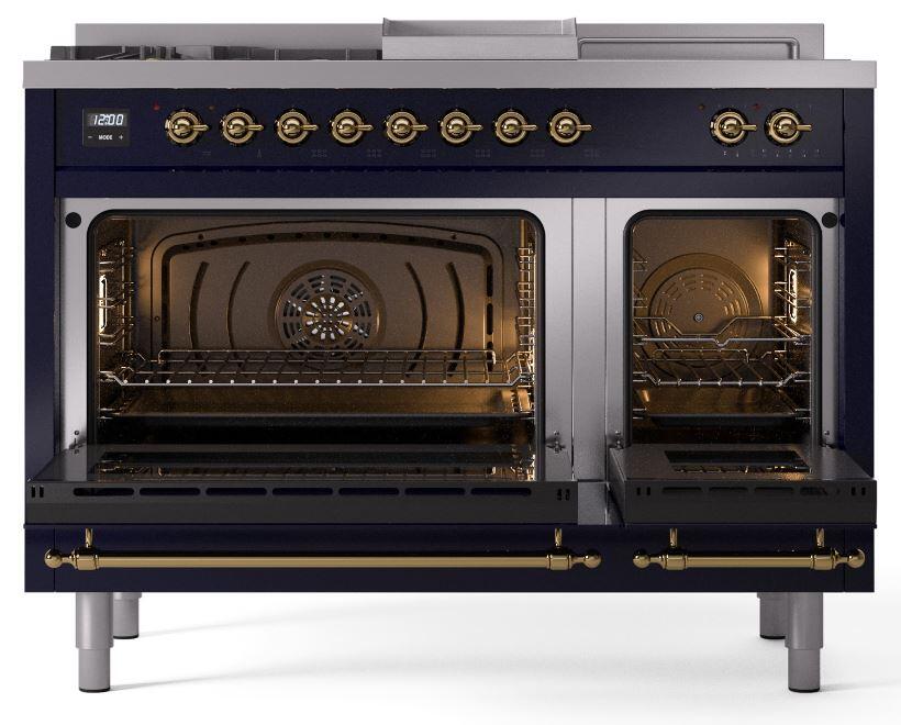 Ilve UP48FSNMPMBG Nostalgie Ii 48 Inch Dual Fuel Natural Gas Freestanding Range In Blue With Brass Trim