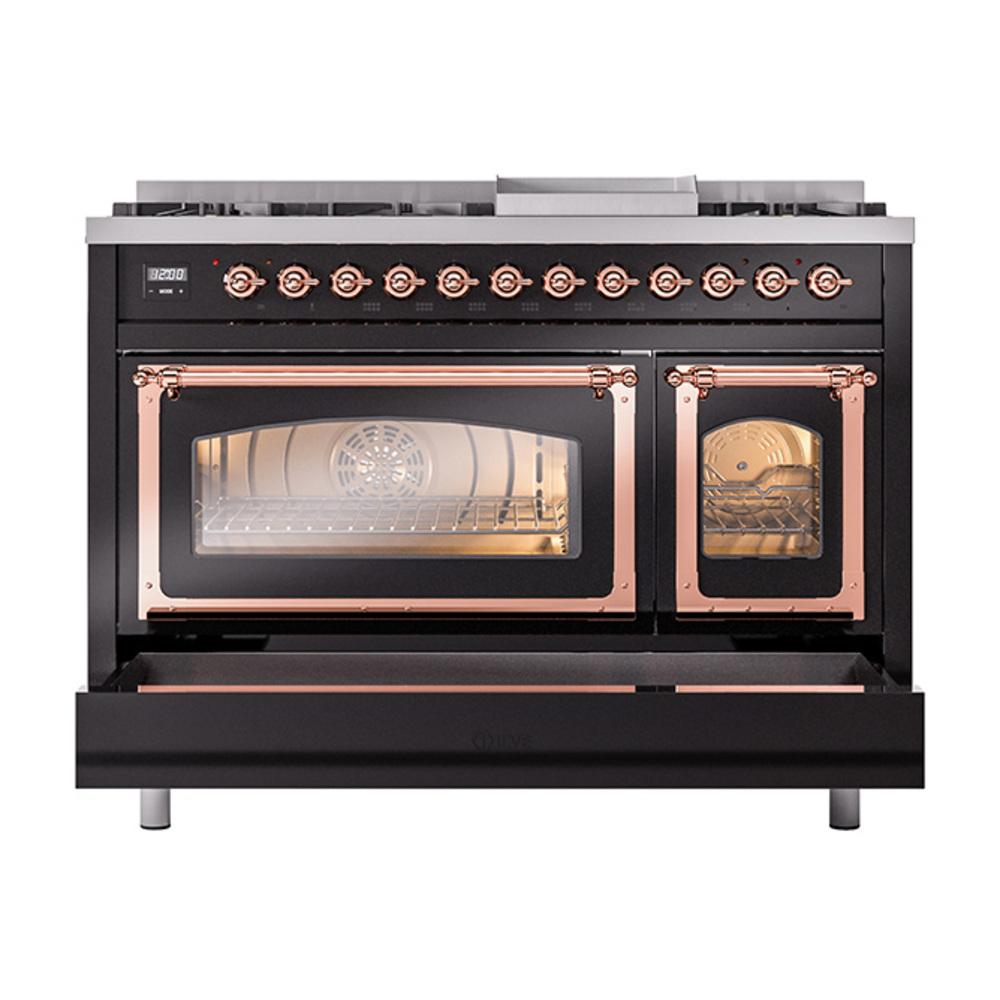 Ilve UN48FNMPBKPLP Ilve Un48Fnmpbkplp Nostalgie Ii Noblesse 48" Dual Fuel Range (8 Sealed Burners + Griddle, Liquid Propane, Triple Glass Door, Glossy Black, Copper)