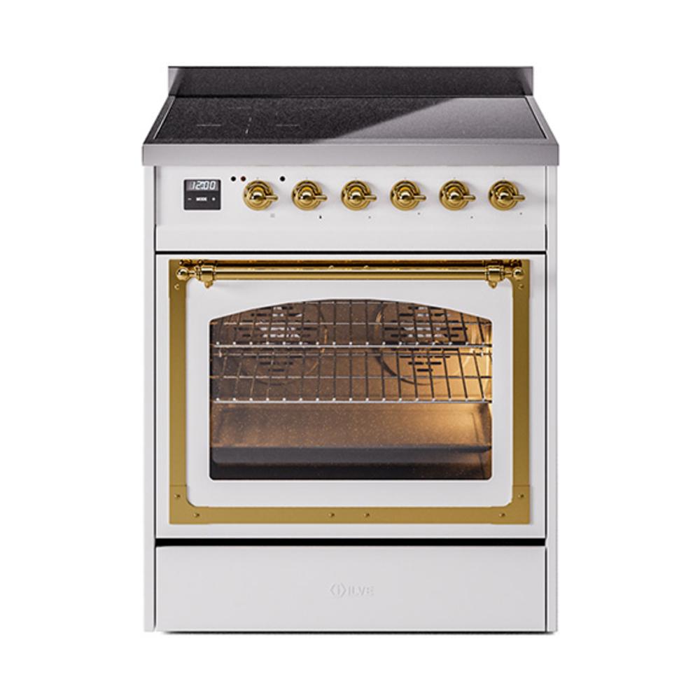 Ilve UNI304NMPWHG Ilve Uni304Nmpwhg Nostalgie Ii Noblesse 30" Induction Range (Triple Glass Door, White, Brass)