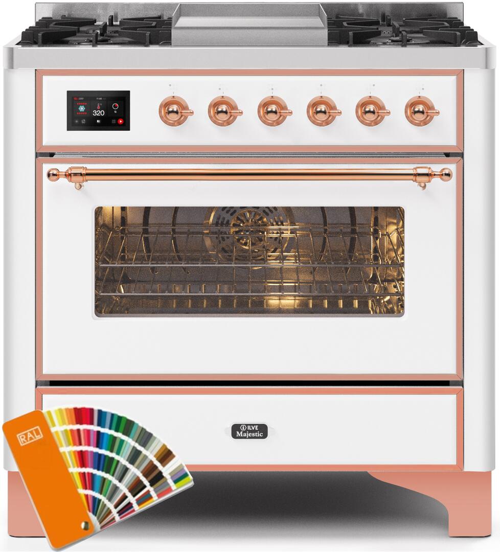 Ilve UM09FDNS3RAPLP Majestic Ii 36 Inch Dual Fuel Liquid Propane Freestanding Range In Custom Ral Color With Copper Trim