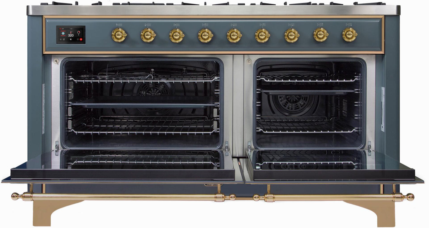 Ilve UM15FDNS3BGGLP Majestic Ii 60 Inch Dual Fuel Liquid Propane Freestanding Range In Blue Grey With Brass Trim