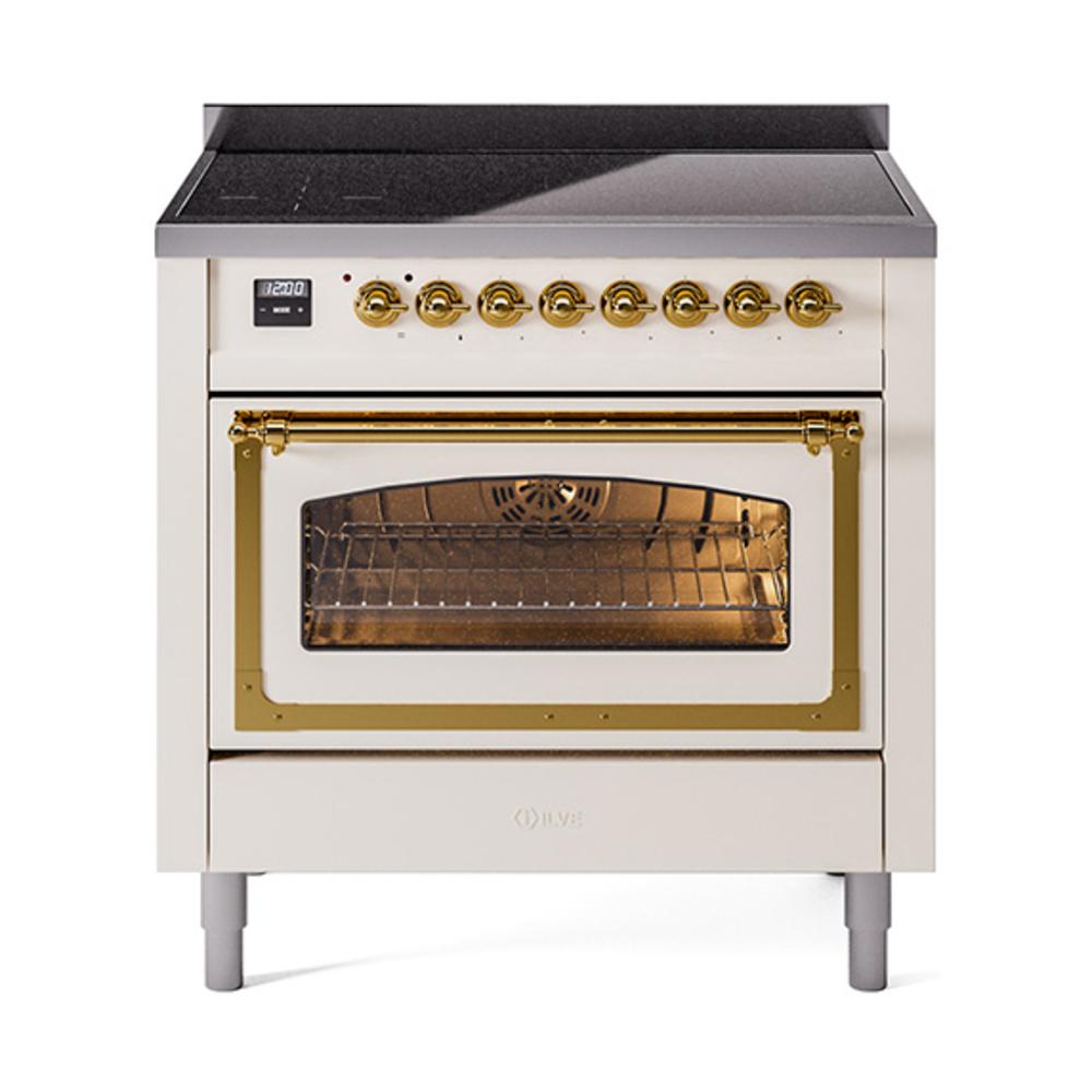 Ilve UNI366NMPAWG Ilve Uni366Nmpawg Nostalgie Ii Noblesse 36" Induction Range (Triple Glass Door, Antique White, Brass)