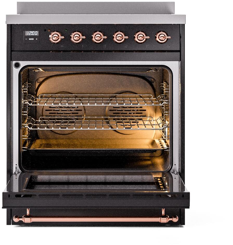 Ilve UPI304NMPBKP Nostalgie Ii 30 Inch Electric Freestanding Range In Glossy Black With Copper Trim