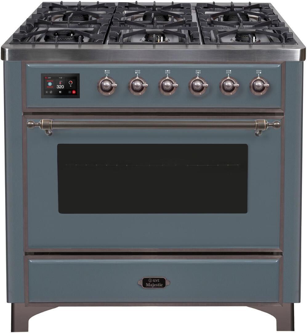 Ilve UM09FDNS3BGB Majestic Ii 36 Inch Dual Fuel Natural Gas Freestanding Range In Blue Grey With Bronze Trim