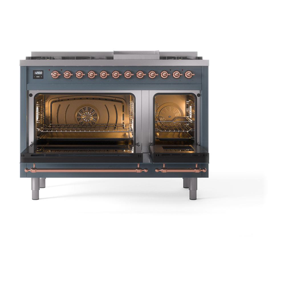 Ilve UN48FNMPBGPLP Ilve Un48Fnmpbgplp Nostalgie Ii Noblesse 48" Dual Fuel Range (8 Sealed Burners + Griddle, Liquid Propane, Triple Glass Door, Blue Grey, Copper)