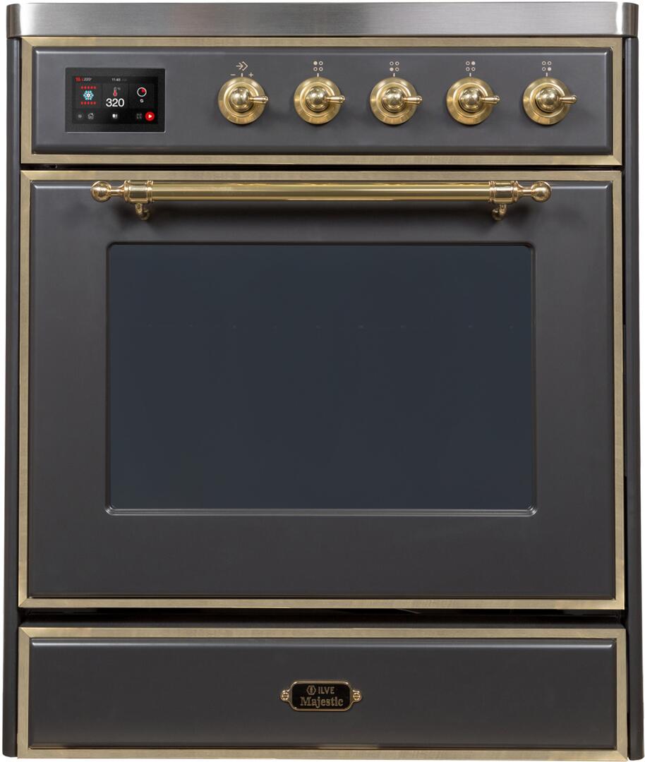 Ilve UMI30NE3MGG Majestic Ii 30 Inch Electric Freestanding Range In Matte Graphite With Brass Trim