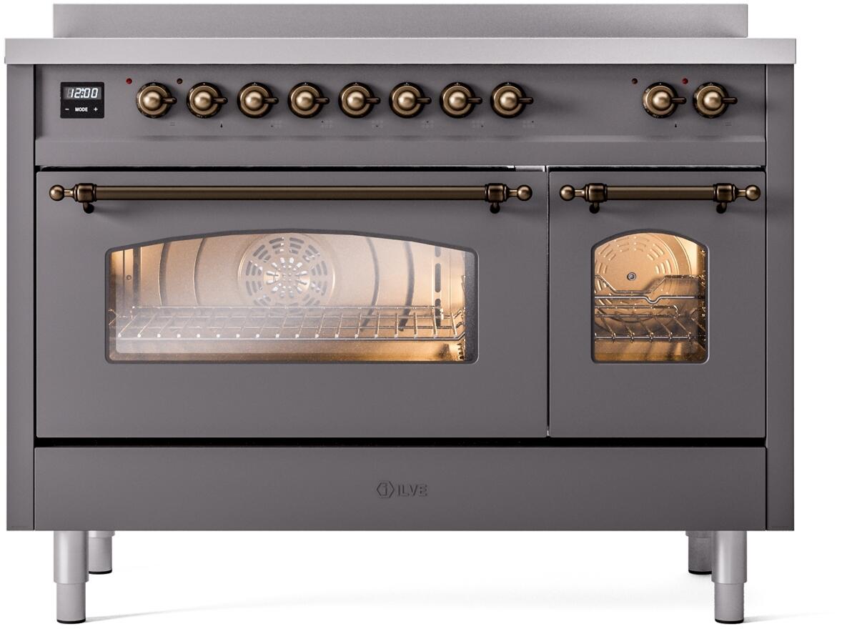 Ilve UPI486NMPMGB Nostalgie Ii 48 Inch Electric Freestanding Range In Matte Graphite With Bronze Trim