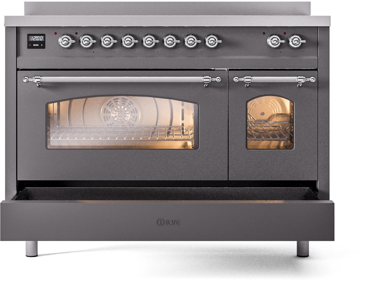 Ilve UPI486NMPMGC Nostalgie Ii 48 Inch Electric Freestanding Range In Matte Graphite With Chrome Trim