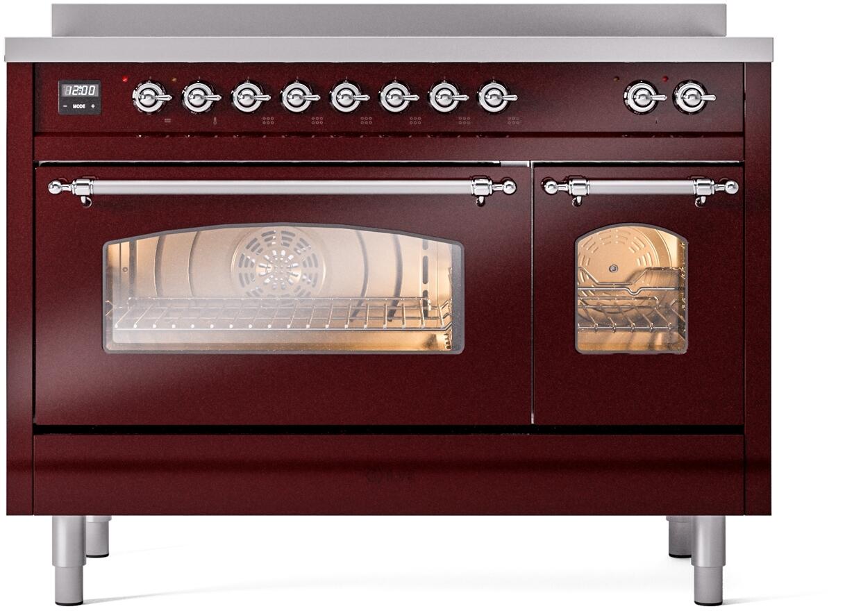 Ilve UPI486NMPBUC Nostalgie Ii 48 Inch Electric Freestanding Range In Burgundy With Chrome Trim