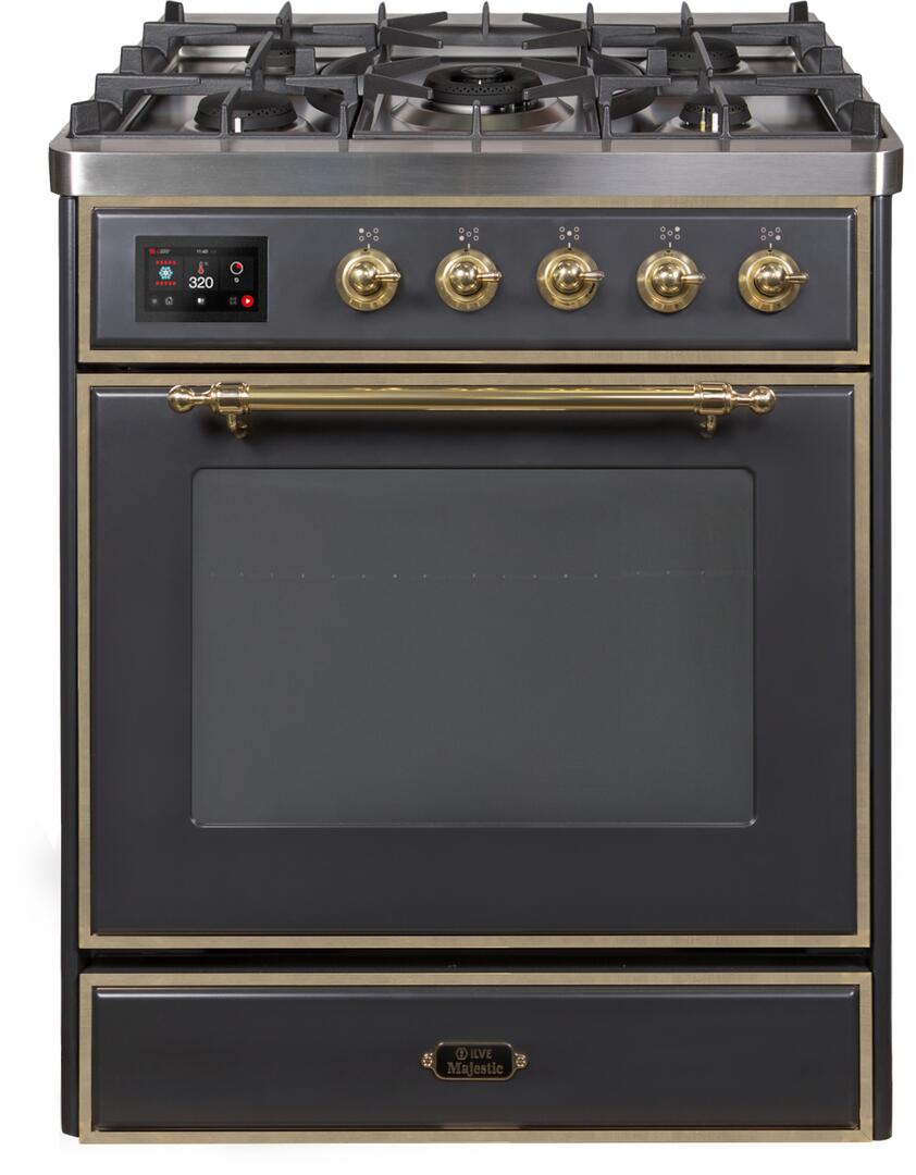 Ilve UM30DNE3MGGLP Majestic Ii 30 Inch Dual Fuel Liquid Propane Freestanding Range In Matte Graphite With Brass Trim