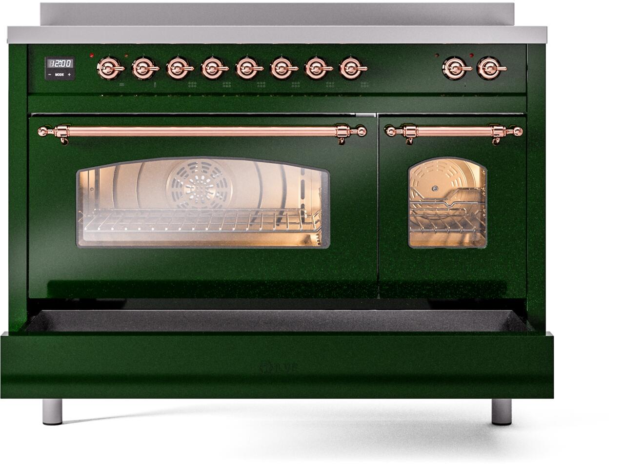 Ilve UPI486NMPEGP Nostalgie Ii 48 Inch Electric Freestanding Range In Emerald Green With Copper Trim