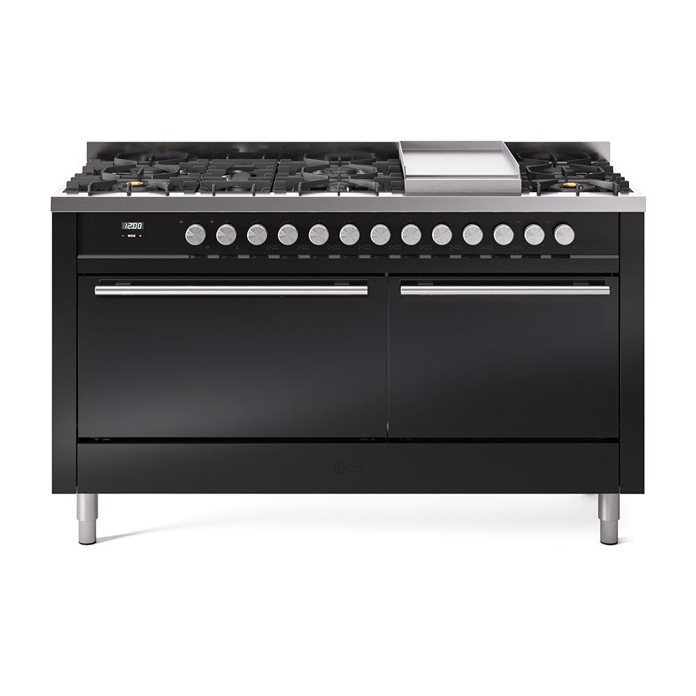 Ilve UP60FQMPBK Ilve Professional Plus Ii 60 Up60Fqmpbk Freestanding Dual Fuel Range With 9 Sealed Burners Double Oven With Solid Door In Glossy Black With Stainless Steel Knobs