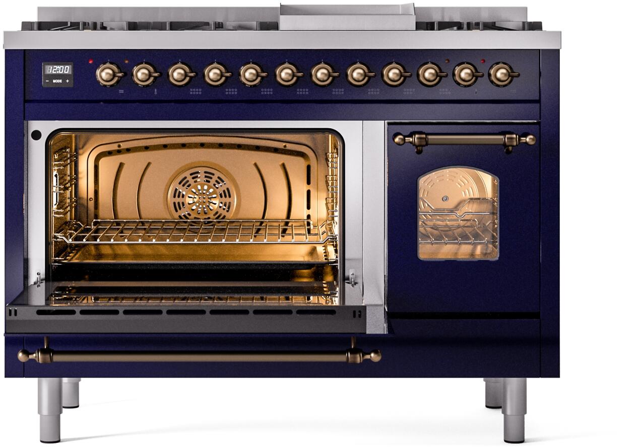 Ilve UP48FNMPMBB Nostalgie Ii 48 Inch Dual Fuel Natural Gas Freestanding Range In Blue With Bronze Trim