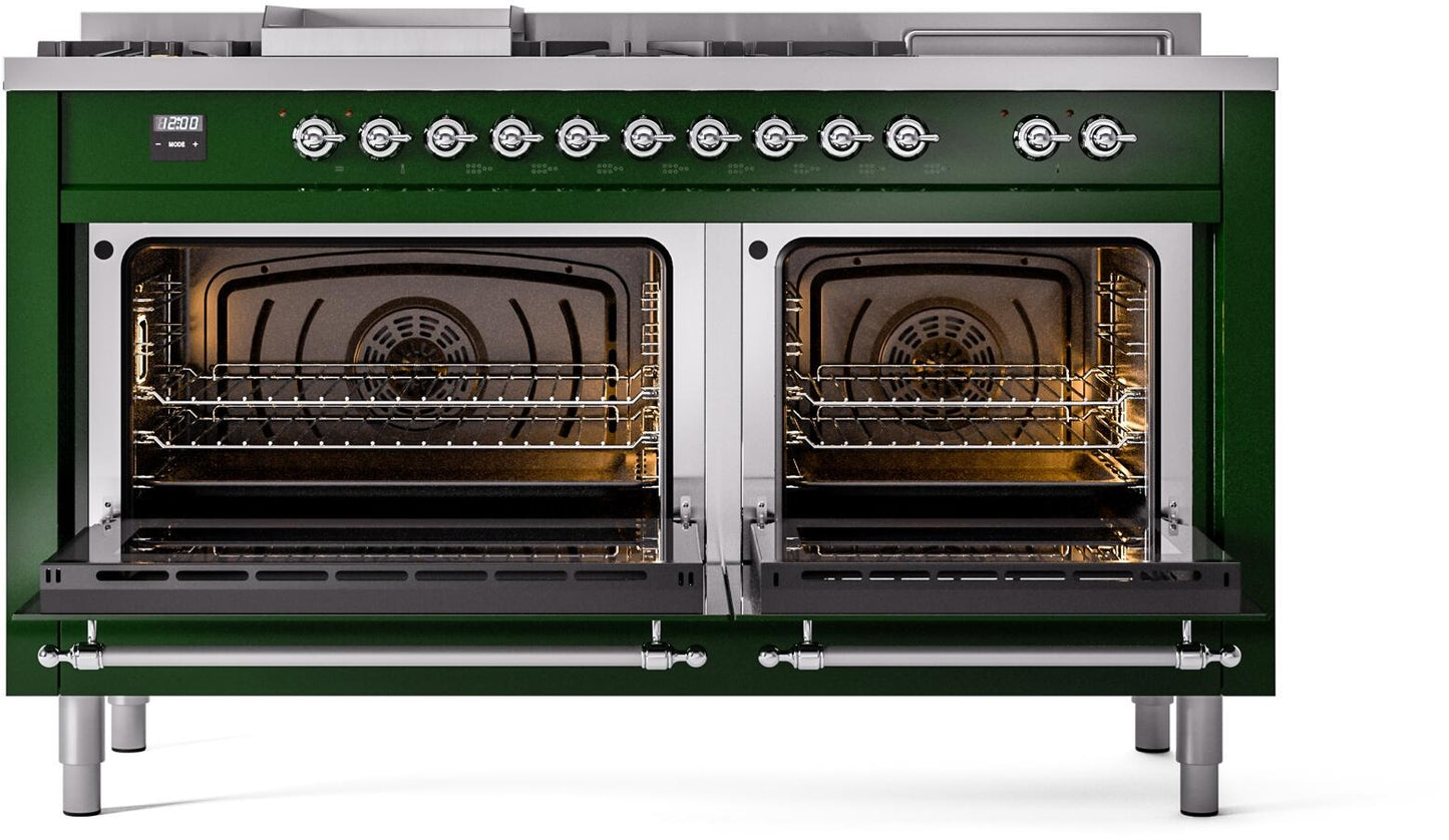 Ilve UP60FSNMPEGCLP Nostalgie Ii 60 Inch Dual Fuel Liquid Propane Freestanding Range In Emerald Green With Chrome Trim