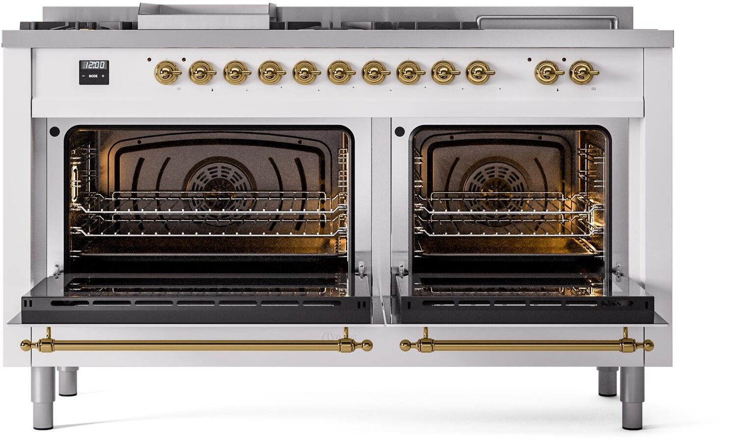 Ilve UP60FSNMPWHG Nostalgie Ii 60 Inch Dual Fuel Natural Gas Freestanding Range In White With Brass Trim