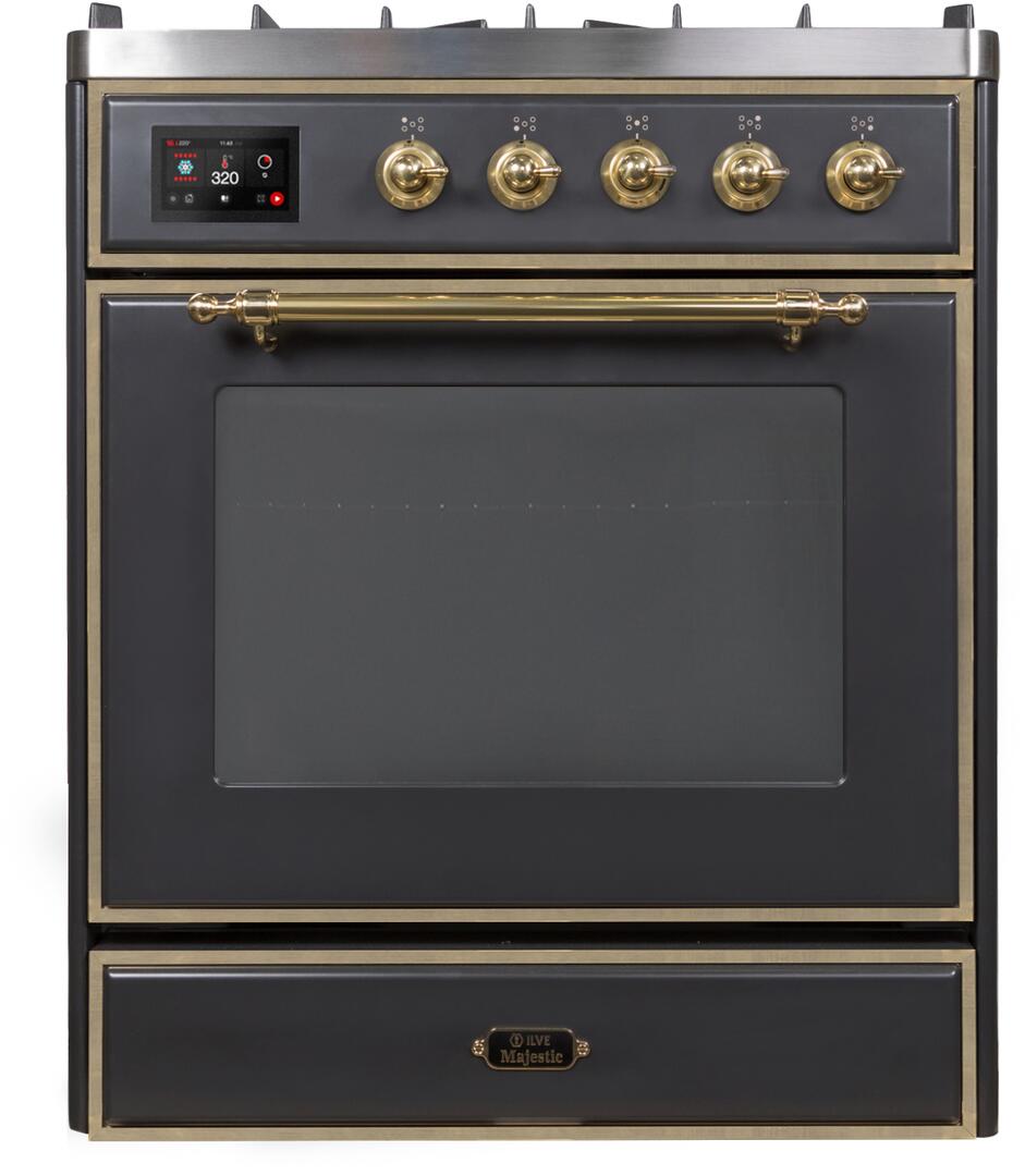 Ilve UM30DNE3MGGLP Majestic Ii 30 Inch Dual Fuel Liquid Propane Freestanding Range In Matte Graphite With Brass Trim