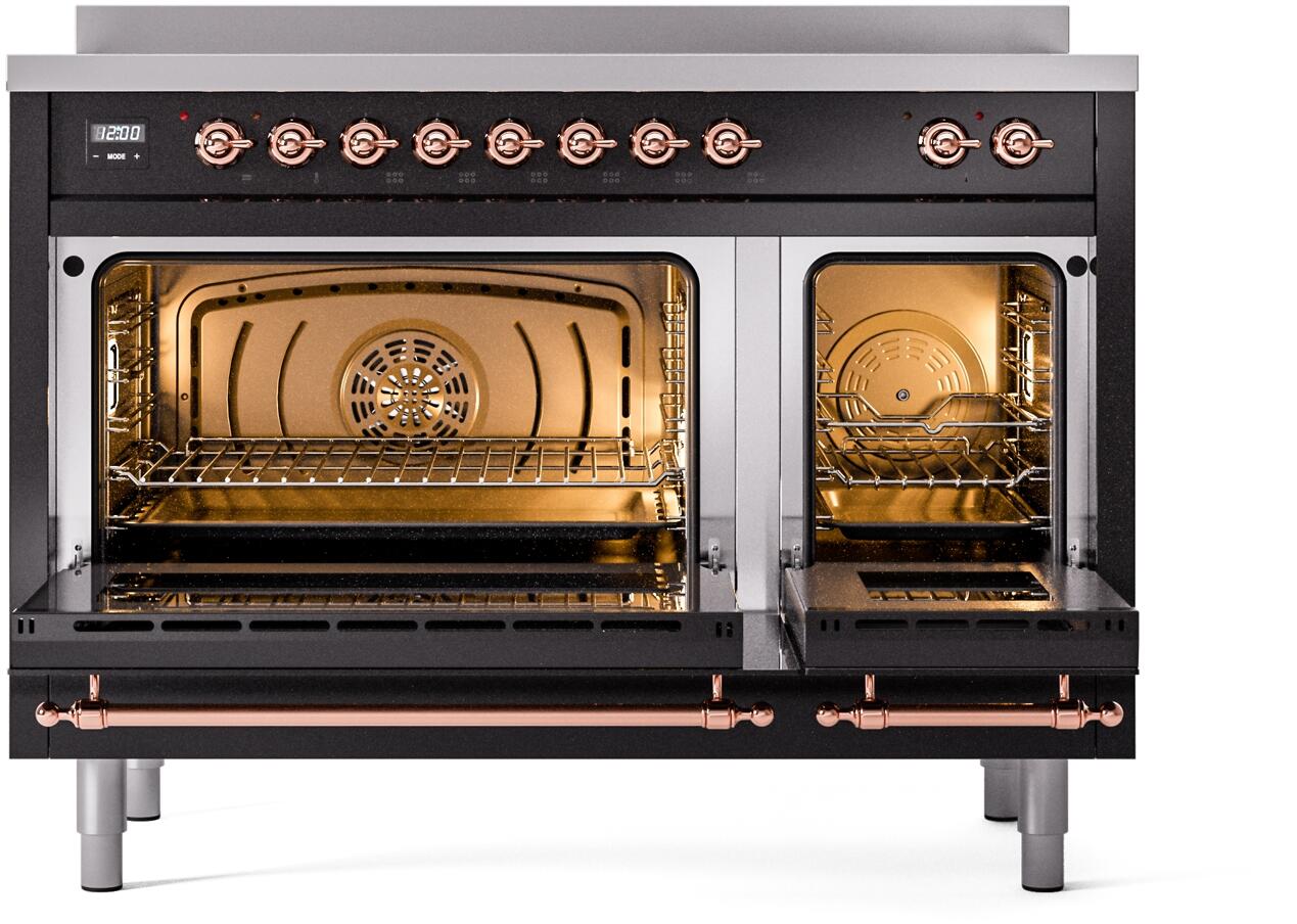 Ilve UPI486NMPBKP Nostalgie Ii 48 Inch Electric Freestanding Range In Glossy Black With Copper Trim