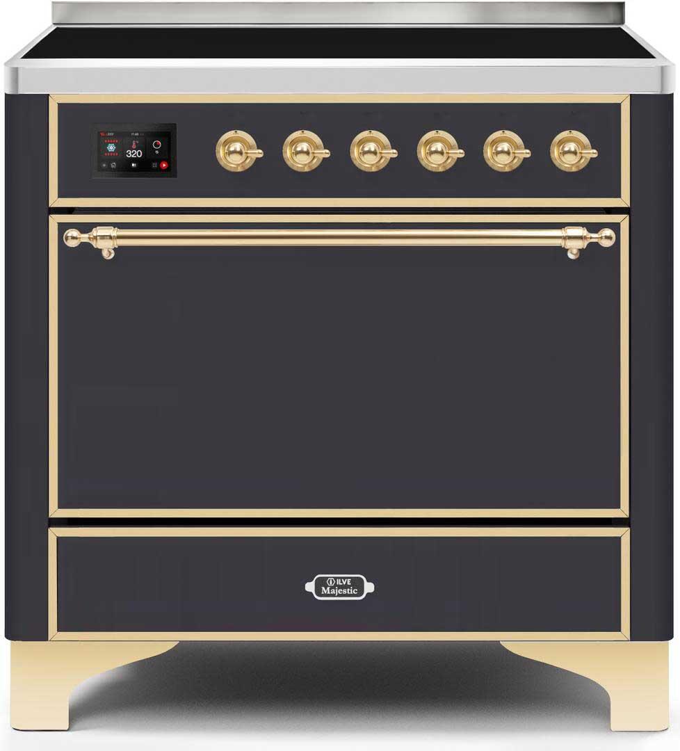 Ilve UMI09QNS3MGG Majestic Ii 36 Inch Electric Freestanding Range In Matte Graphite With Brass Trim